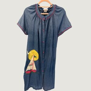 Vintage 80s Smart Time Sailboat Chambray Snap Front House Dress